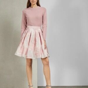 New! TED BAKER Jacquard Floral Mini Skirt Lined Dusky Pink Size 1 US 2/4